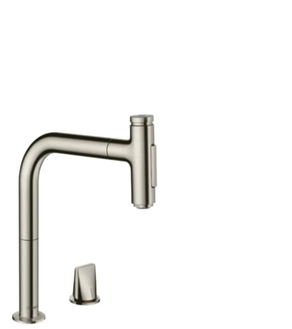 Hansgrohe Armatur mit Ausziehbrause in Edelstahl-Optik, ausgestattet mit einem Hebel und einer separaten Steuerung. Ideal für moderne Küchenumgebungen.